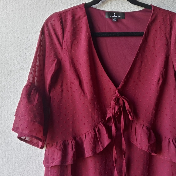 Lulu's Daydream Wine Red Swiss Dot Ruffled Dress XS - Picture 10 of 14